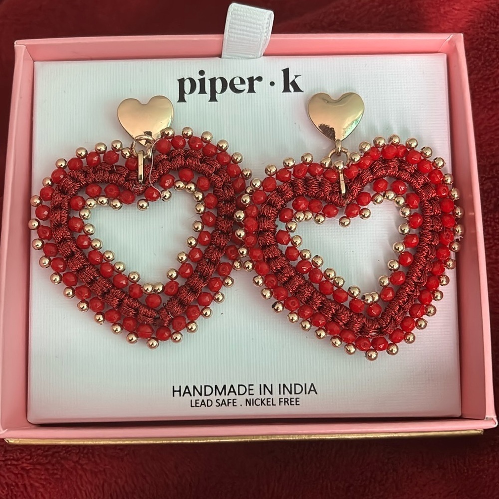 Piper K  gold tone beaded Red heart shaped earrings